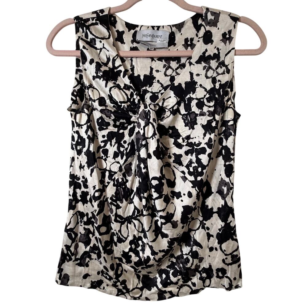 Sz 40 Md Yves Saint Laurent YSL 100% Silk Abstract Tank Top Black White Designer